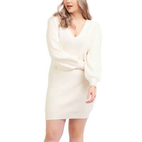 Black Tape_ Dresses & Skirts - BLACK TAPE Knit Ribbed Blouson Sleeve Sweater Dress - Ivory - Medium NWT